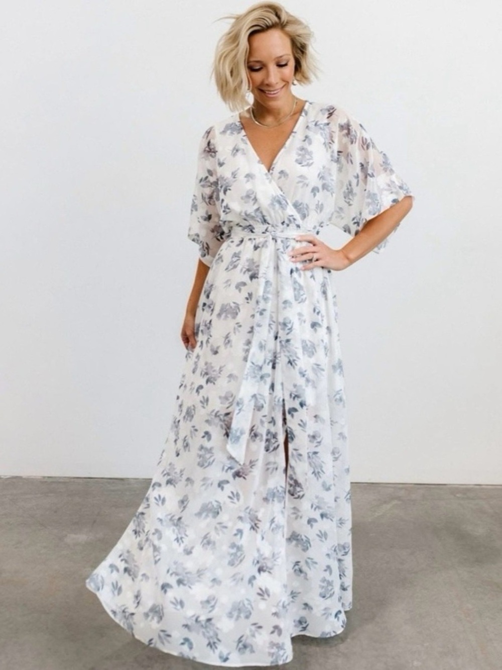 Baltic Born Luca White Maxi Dress with Blue Floral Print Small EUC Garden Party